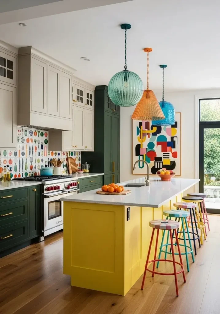 Long kitchen featuring color-blocked cabinets and island for visual interest.