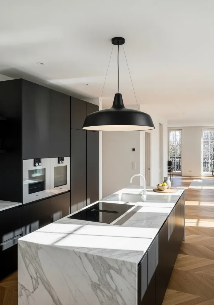 Oversized pendant light creating a bold focal point above the kitchen island.