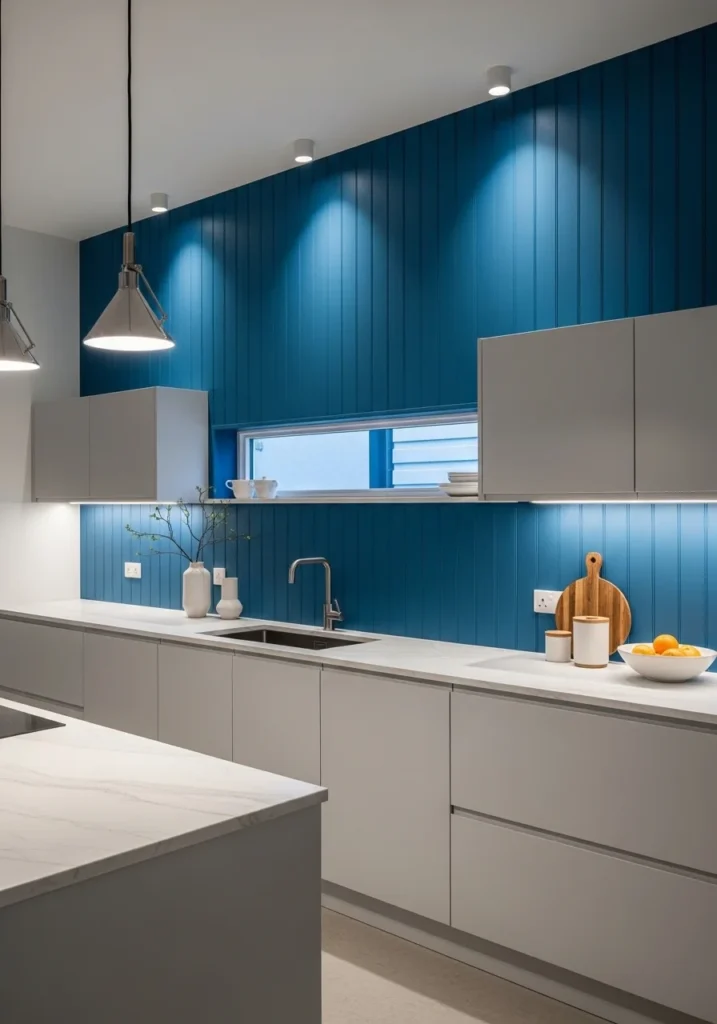 Bold colored beadboard backsplash kitchen with modern dramatic style