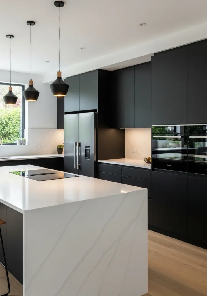 white quartz countertops with black cabinets kitchen