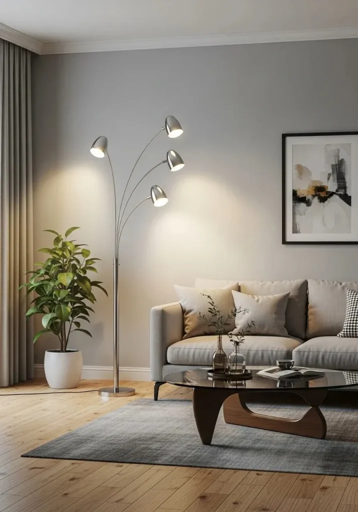 Multi-light floor lamp brightening living room space