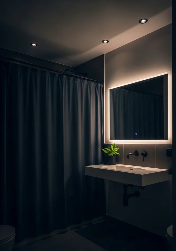 dark bathroom curtain moody bold bathroom design idea