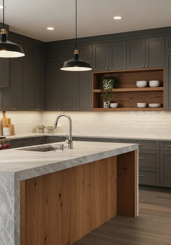 Mixed material U-shaped kitchen with stone and wooden island.