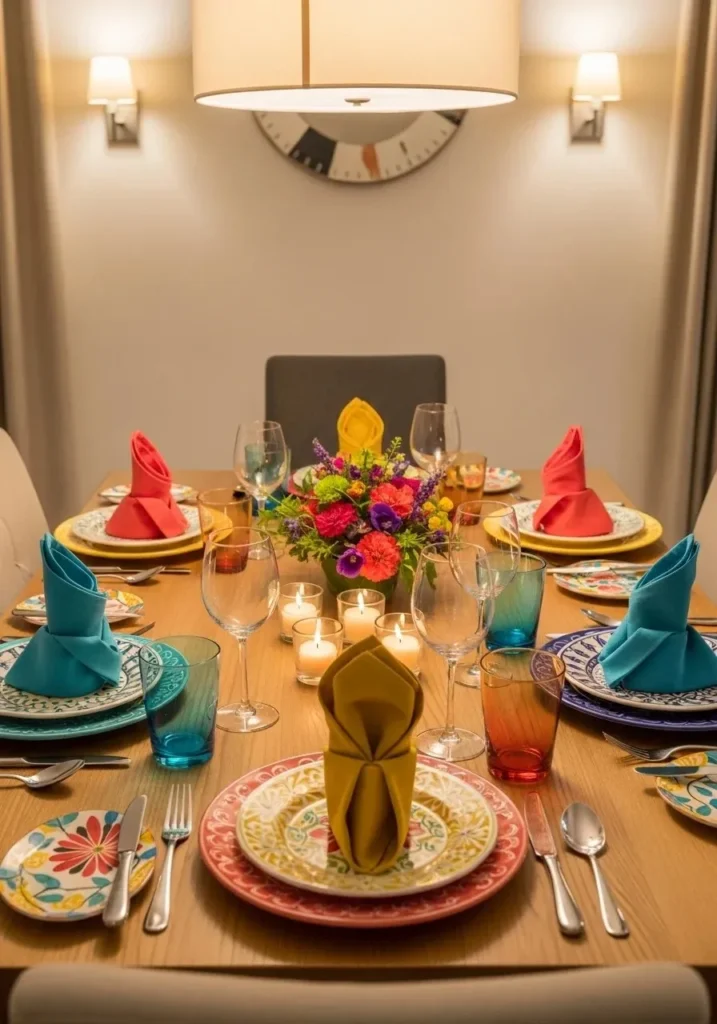 Dining table set with bright, colorful tableware.