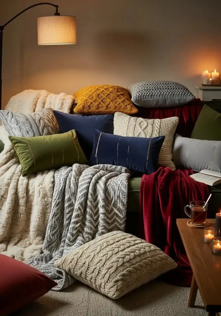 Layered throws and cushions on sofa creating a cozy, inviting living room.