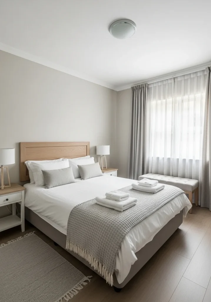 Full guest bedroom fresh towels clean welcoming organized comfortable space