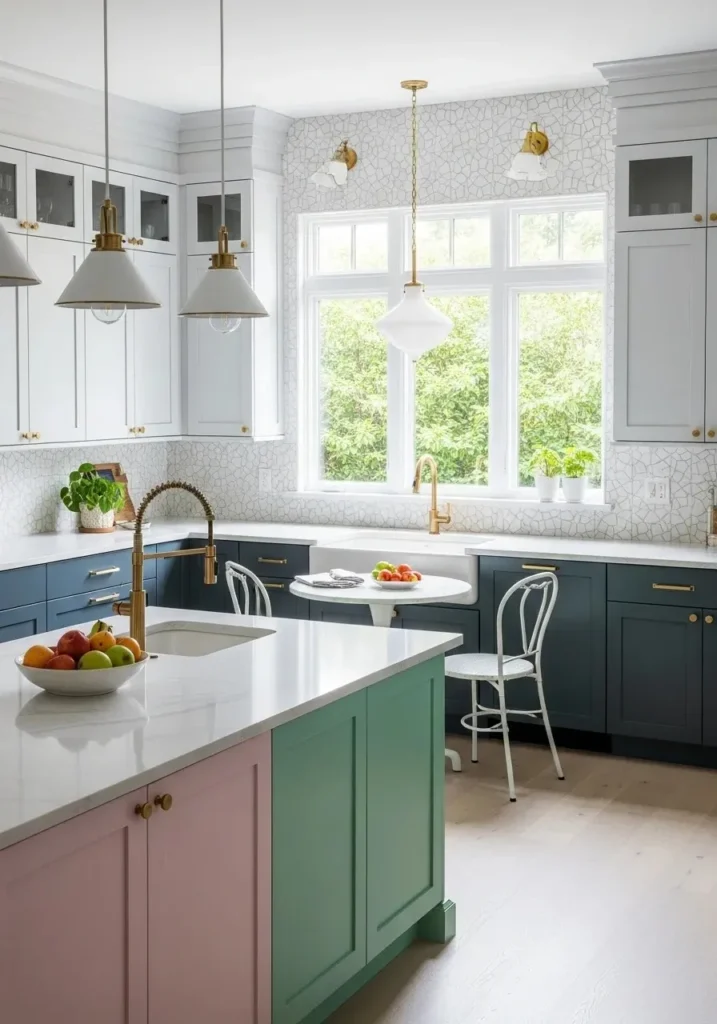 Two-tone L-shaped kitchen with contrasting colored island.