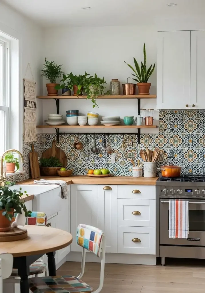 Patterned ceramic tile backsplash with colorful Moroccan style design