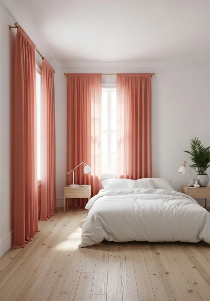 Bedroom featuring muted coral curtains, white walls, and gold curtain hardware.