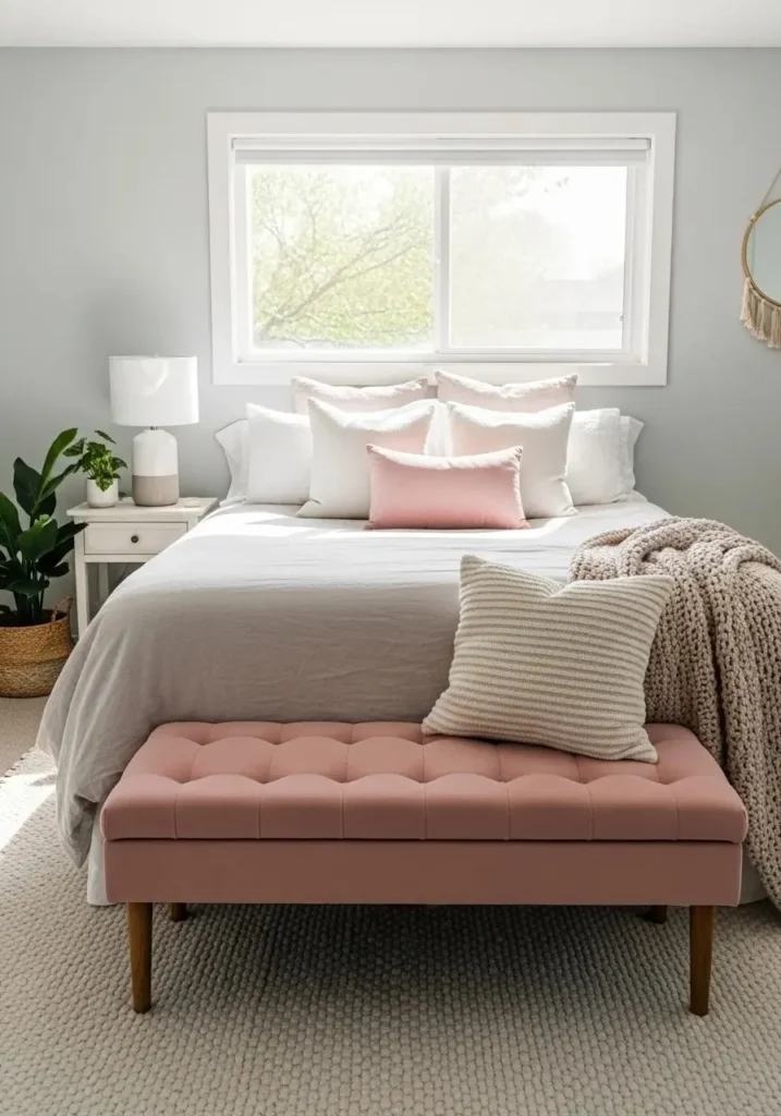 Pink decorative bench placed at the foot of a bedroom bed