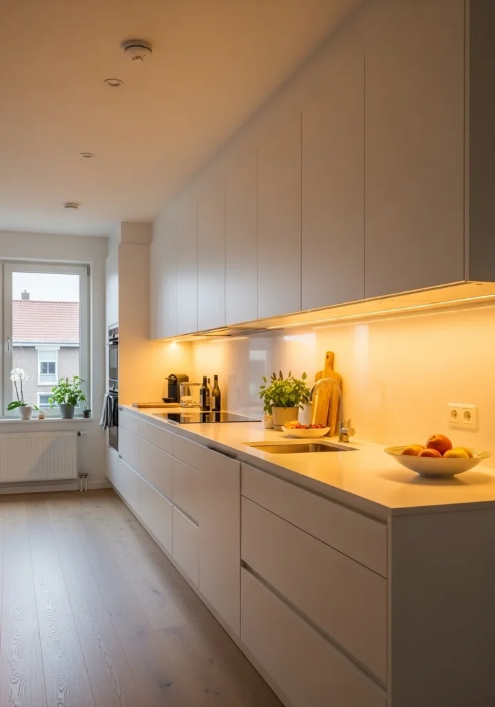 Long kitchen with under-cabinet lighting creating cozy task lighting and visual flow.