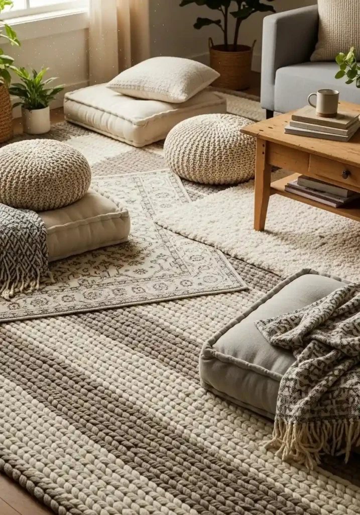 Braided area rug adding texture and warmth to a cozy living room setup
