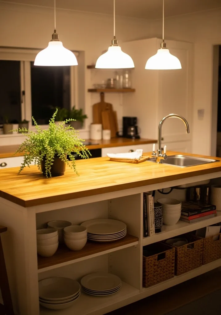 Kitchen island with sink and open shelves for functional storage