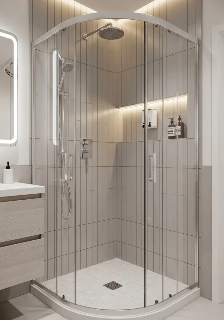 Corner shower with curved glass doors maximizing space in a small bathroom