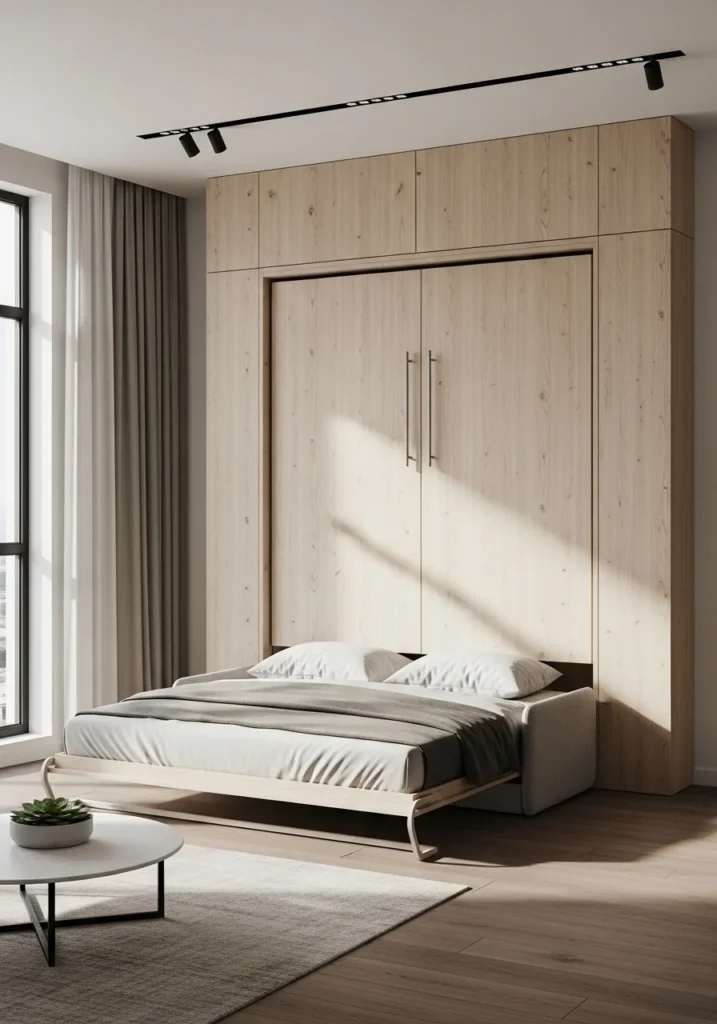 Murphy bed concealed behind modern sliding doors in a multifunctional room.