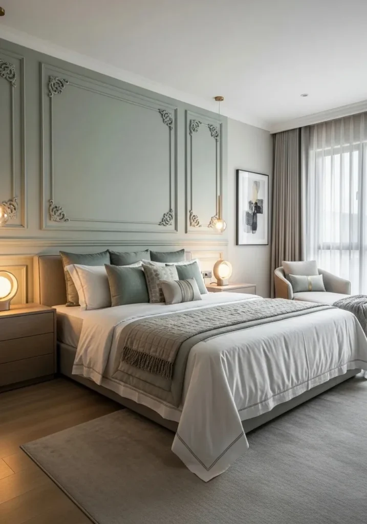 master bedroom wall paneling design behind bed