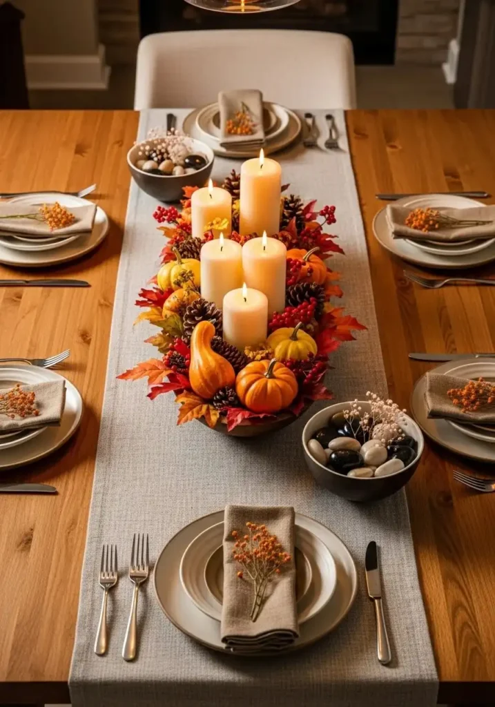 Wooden dining table with layered styling of runner, centerpiece, and candles creating a cozy, curated look.