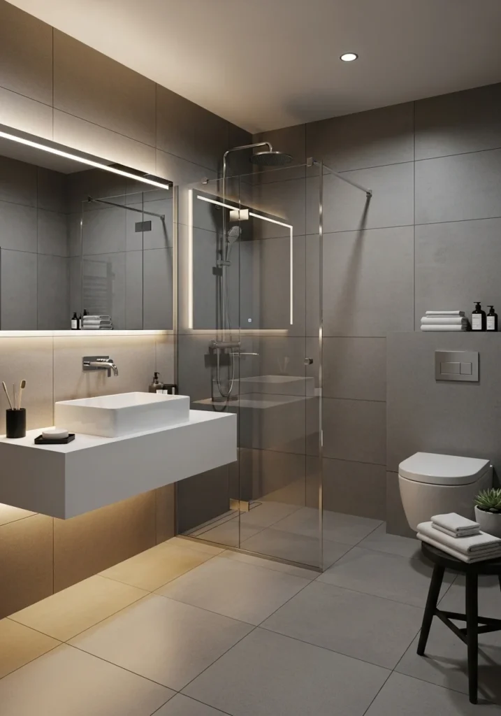 Glass shower door making a small bathroom appear larger