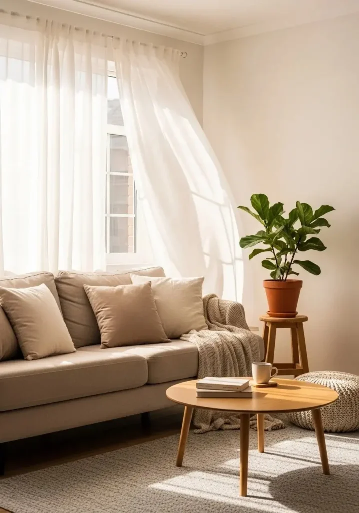 Sheer white curtains softly filtering sunlight into a cozy, bright living room.