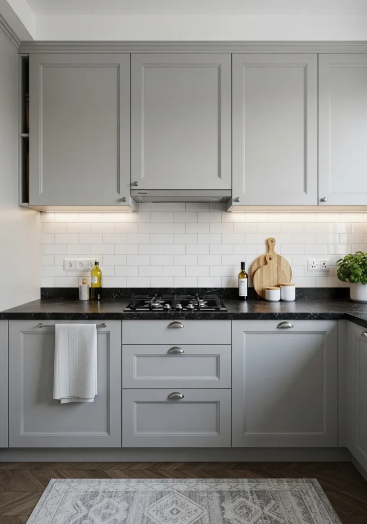 Gray kitchen cabinets paired with black countertops.