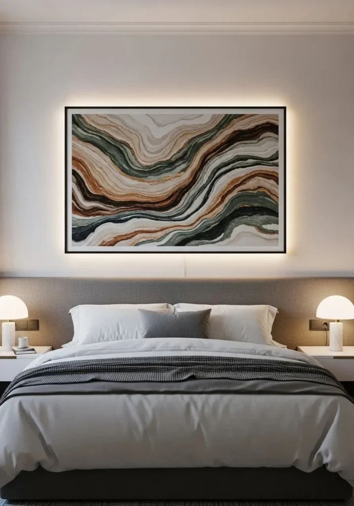 LED backlighting behind wall art in bedroom decor