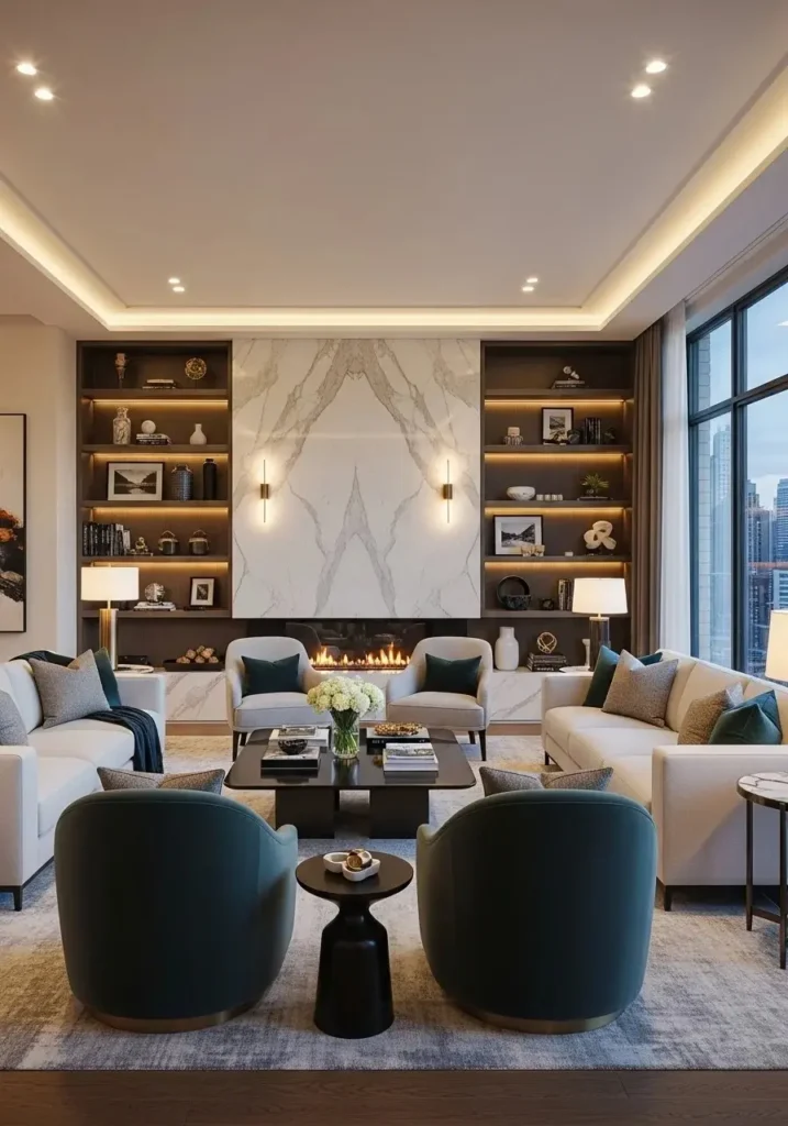 luxury living room with elegant built in fireplace