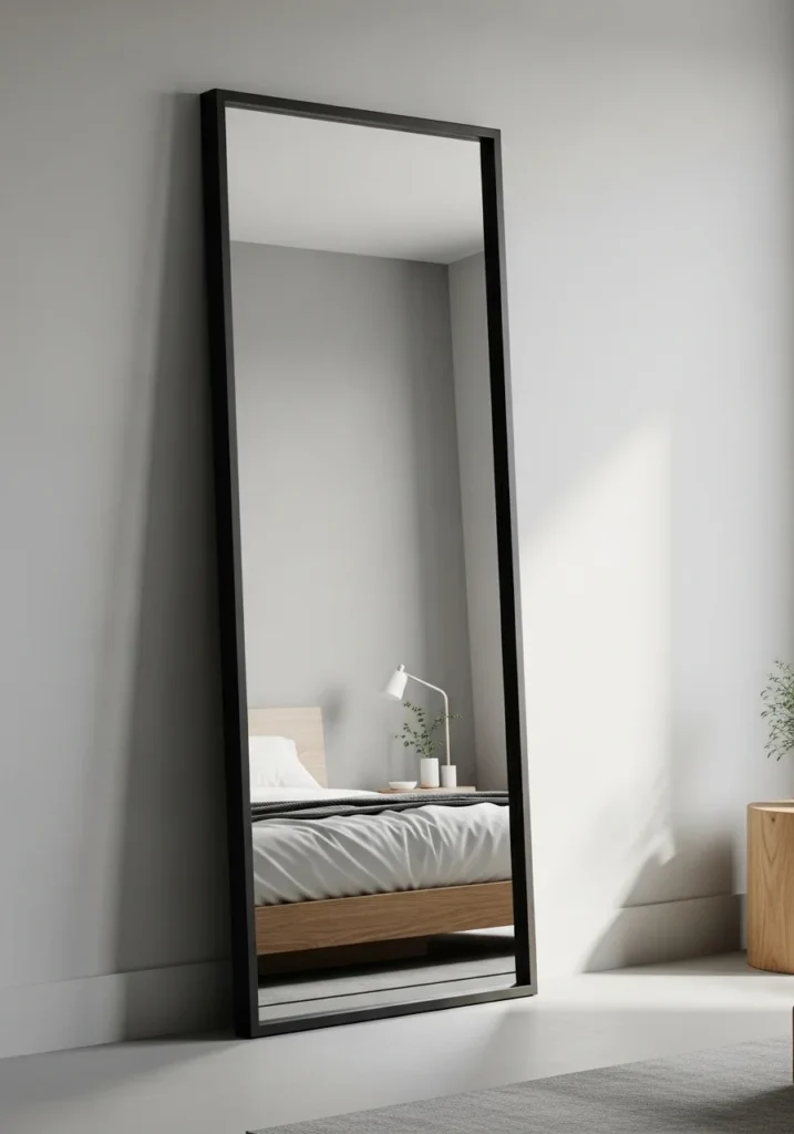bold frame floor mirror as statement piece in bedroom