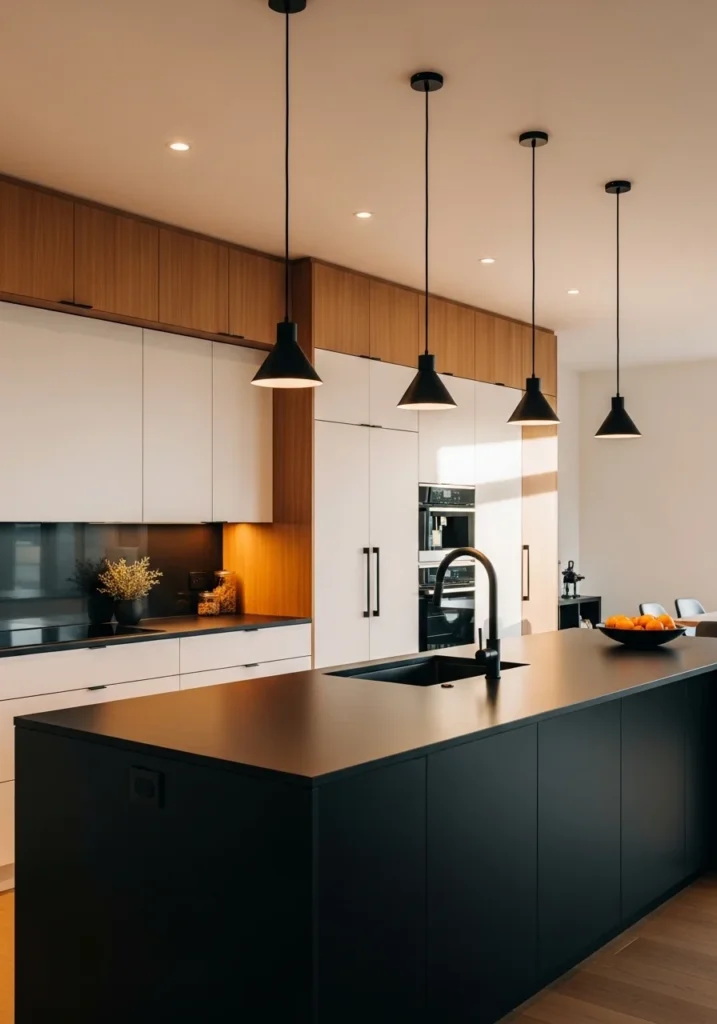 black waterfall island kitchen contrast with white cabinets
