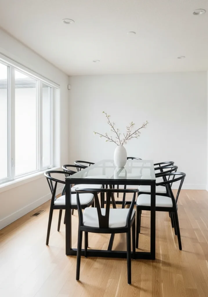 Black and glass dining table creating a modern and airy dining room look.