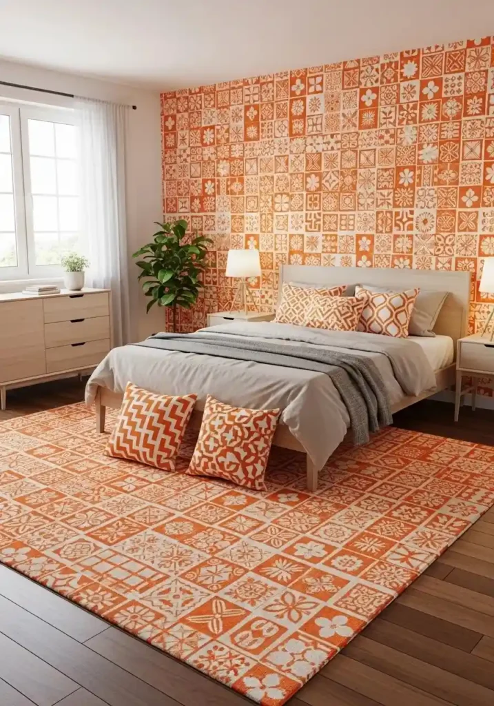 Bedroom with orange patterned rug and cushions, adding playful energy to the room.