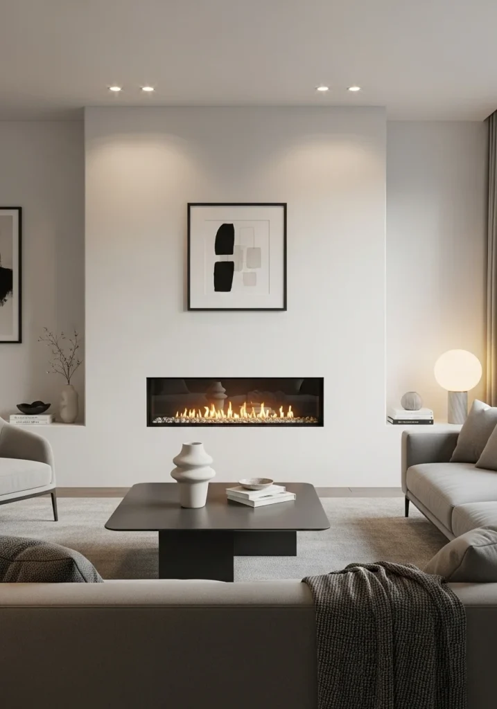 Modern living room with a linear fireplace, white walls, neutral furniture, and minimal decor.