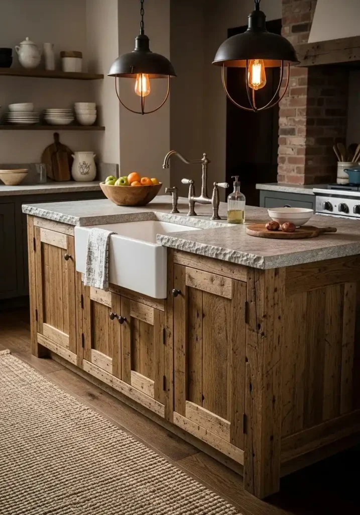 Rustic wooden kitchen island with farmhouse sink and cozy atmosphere