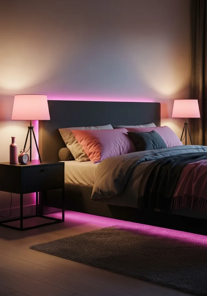 soft pink lighting creating cozy glow in black-accented bedroom