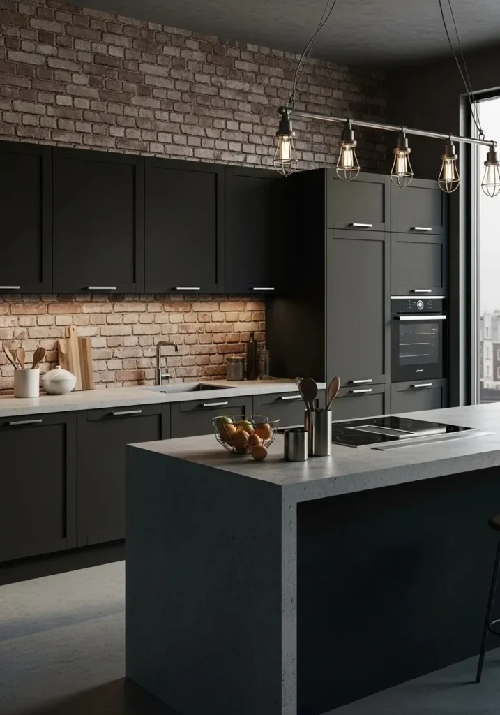 Industrial one wall kitchen with bold island