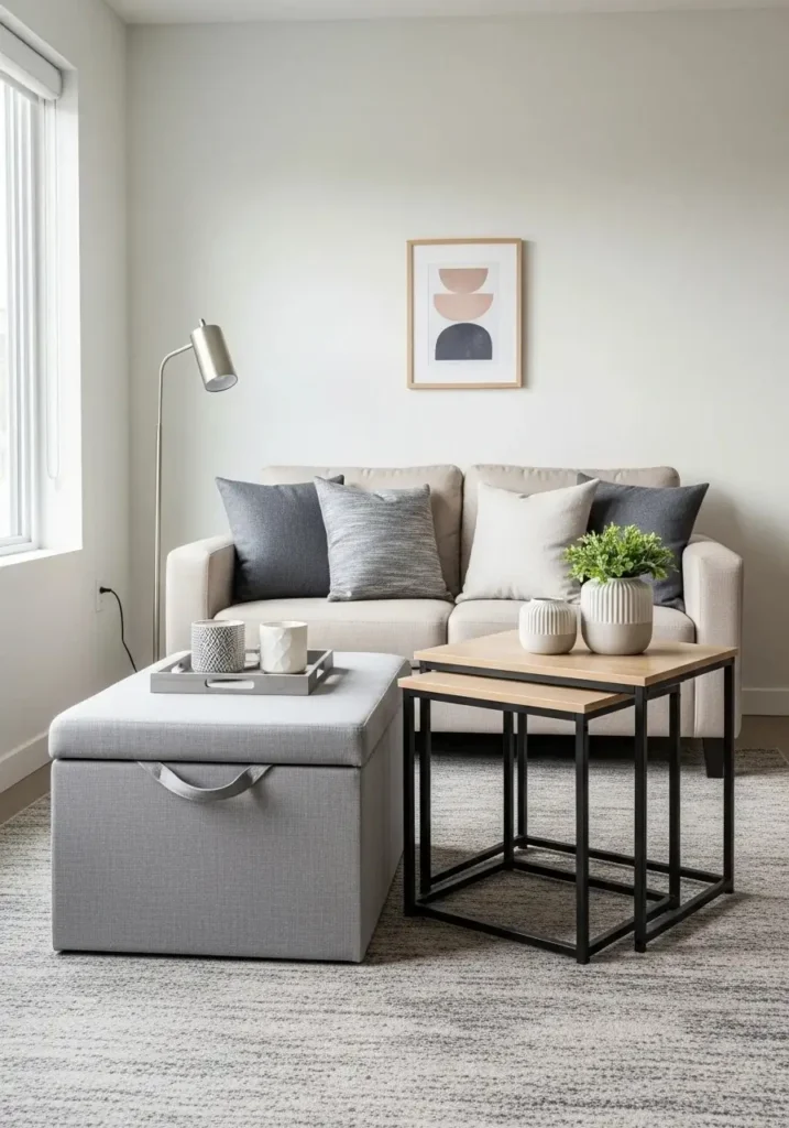 Apartment living room with multifunctional storage ottoman and nesting tables.