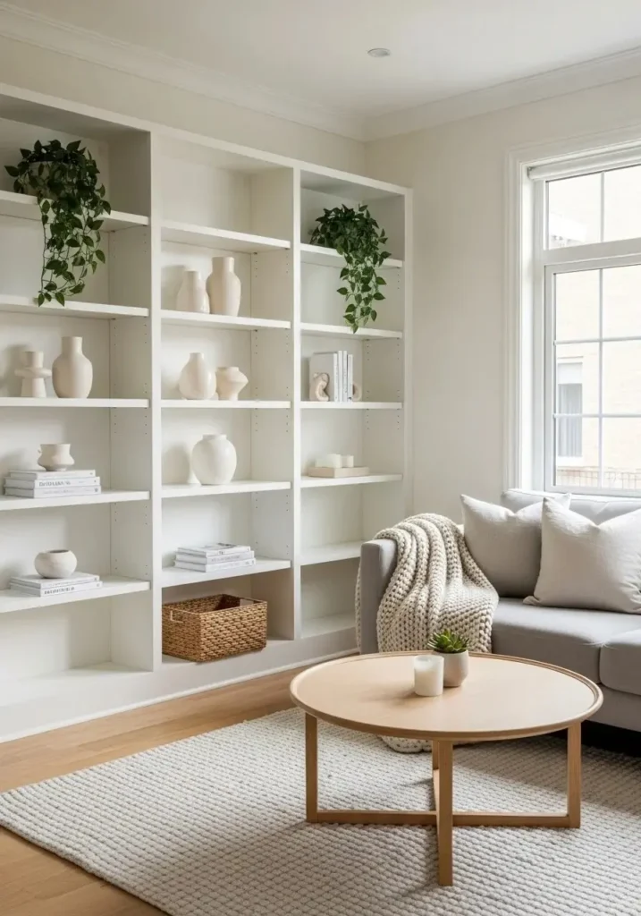 White built-in shelves in living room creating a clean and airy space