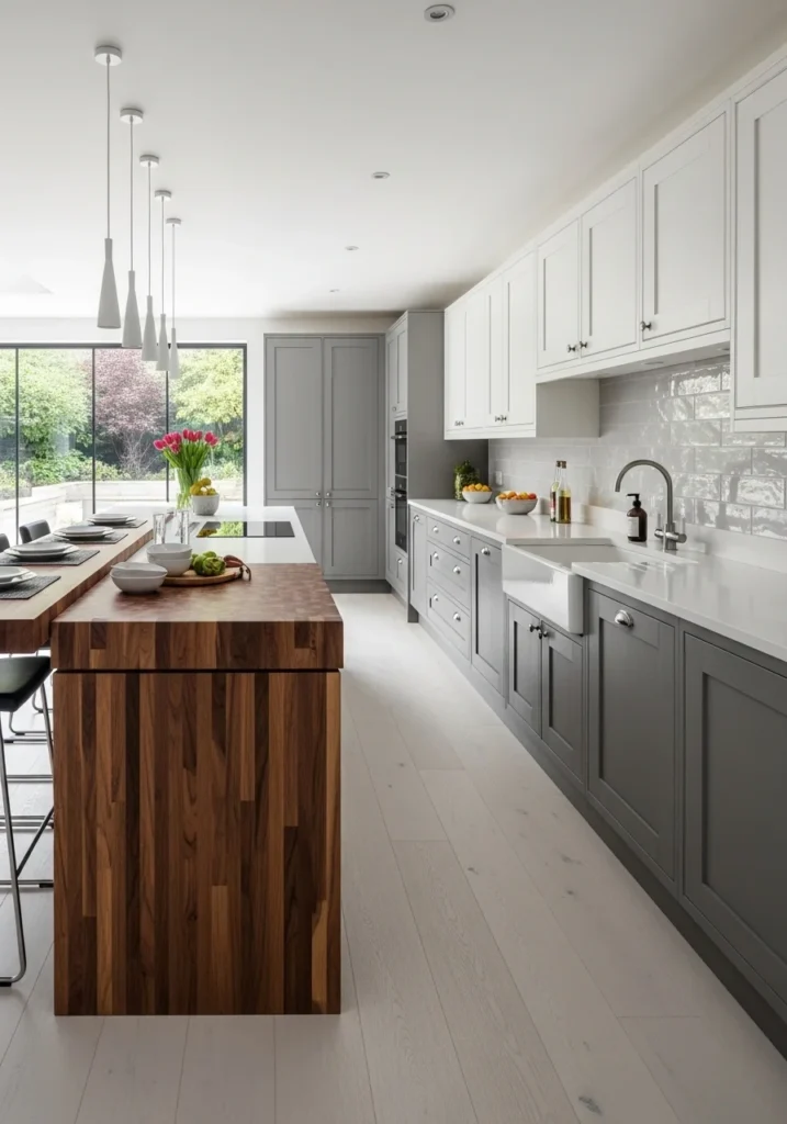 Long kitchen with mixed material cabinets and wooden island adding depth and dimension