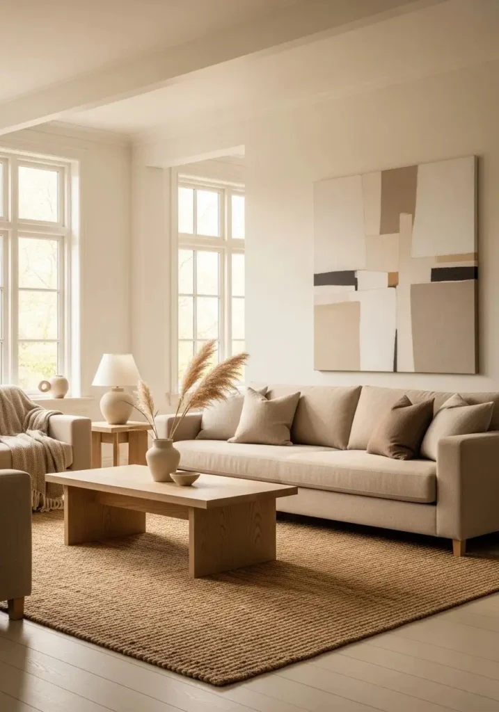 Japandi living room with neutral beige and ivory tones creating a calm atmosphere