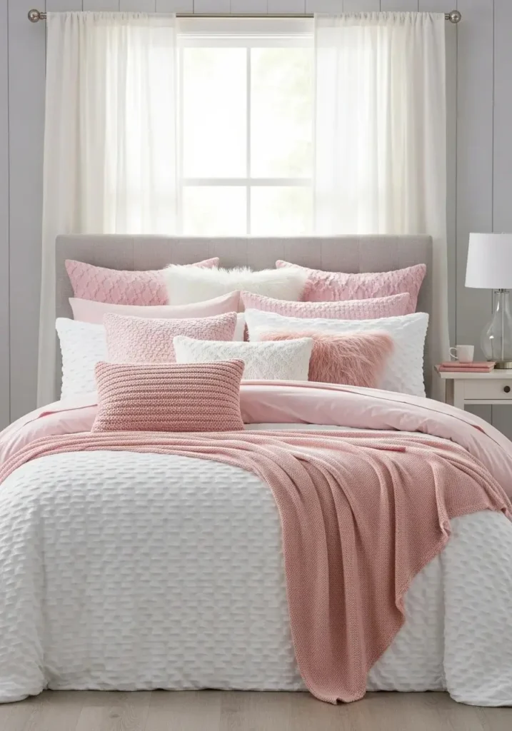 Layered pink and white bedding with textured pillows and soft blankets