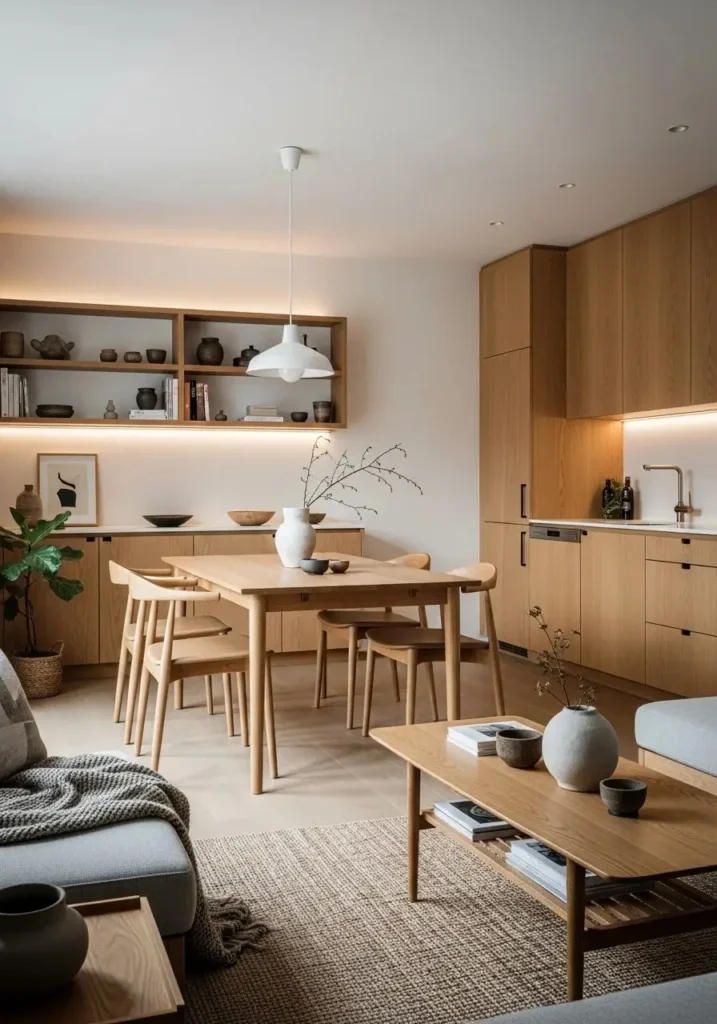 Open living dining kitchen with matching wood tones for visual flow