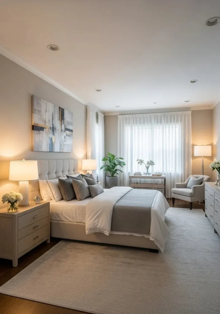 Full bedroom view matching furniture balanced harmonious interior design