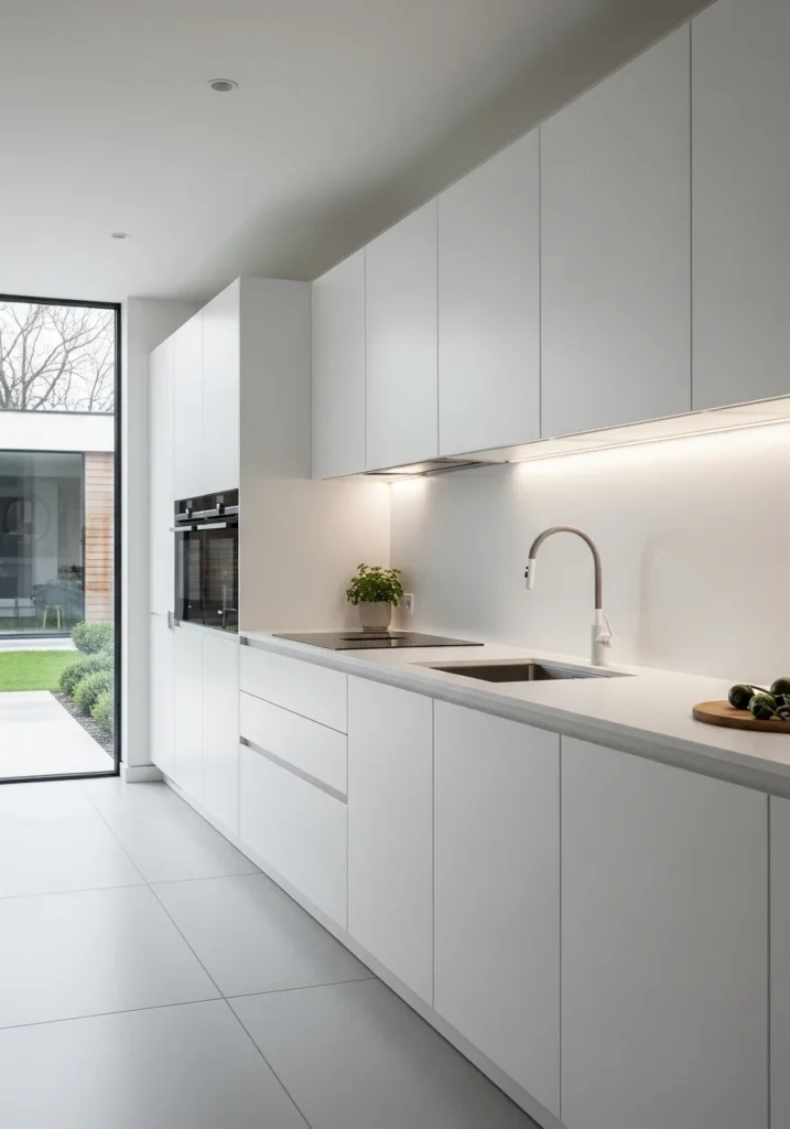 Long kitchen with hidden appliances for a streamlined, clutter-free look