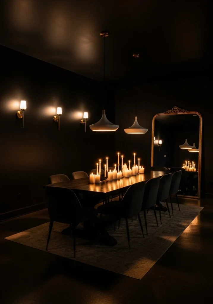 Black dining room with layered warm lighting creating a cozy and inviting atmosphere.