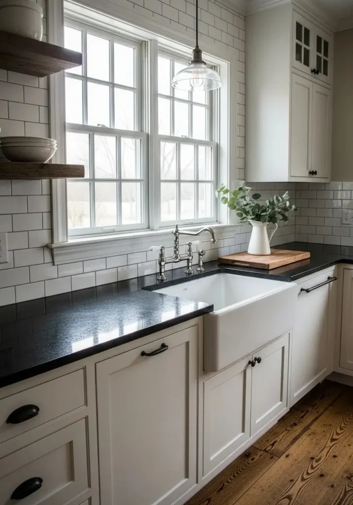 black countertops with white subway tile backsplash
