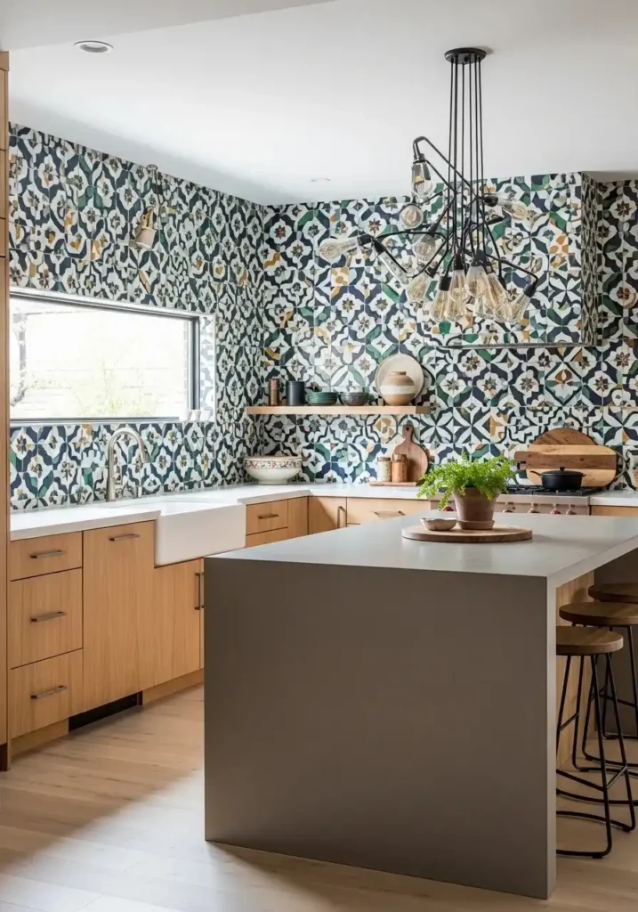 L-shaped kitchen with bold patterned tile backsplash and neutral island.