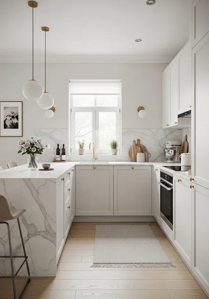 Classic white L-shaped kitchen with marble island, bright and airy design.