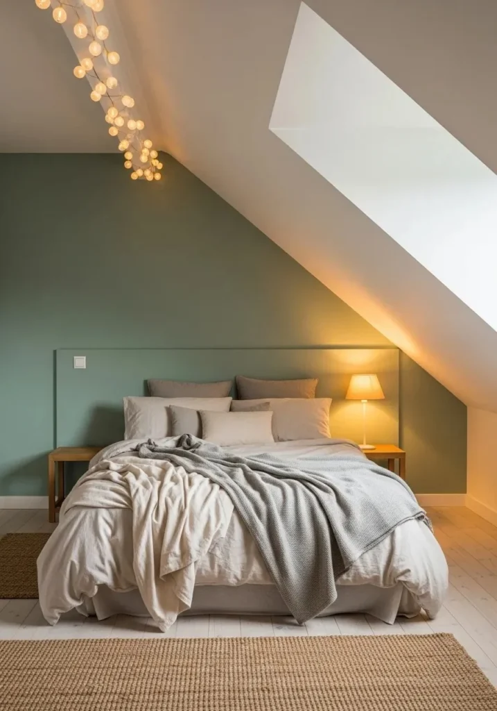 Attic bedroom with sage green accent wall