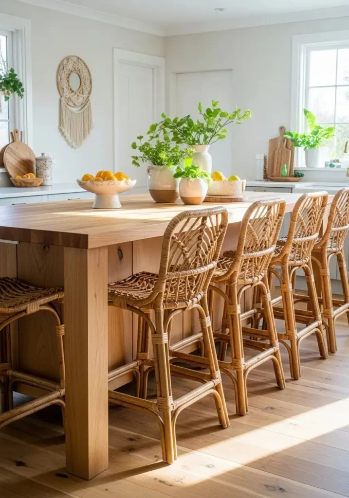 Rattan woven bar stools adding warmth and texture to a kitchen island