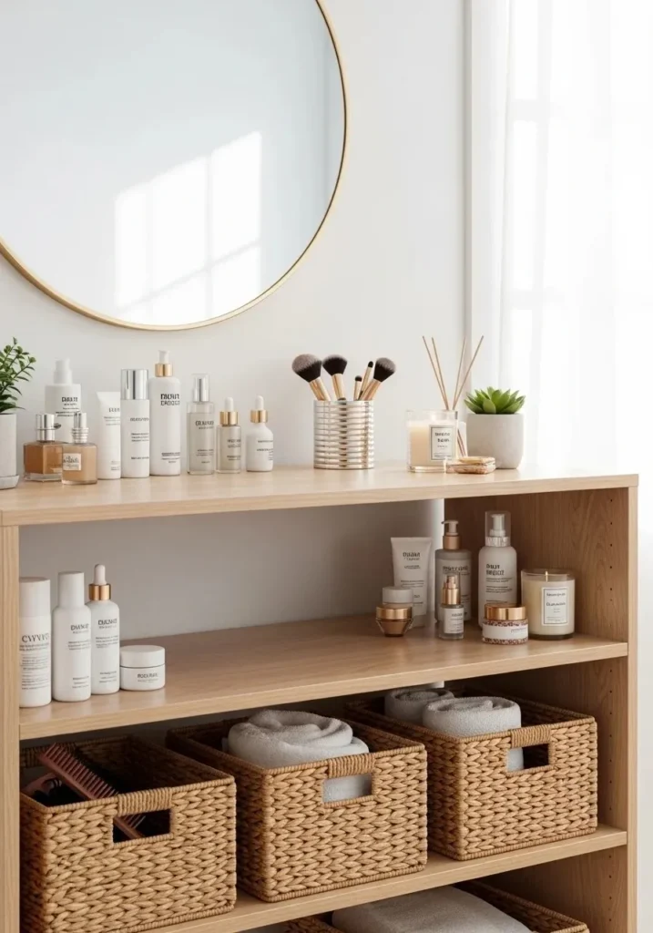 vanity with open shelving organized bedroom decor