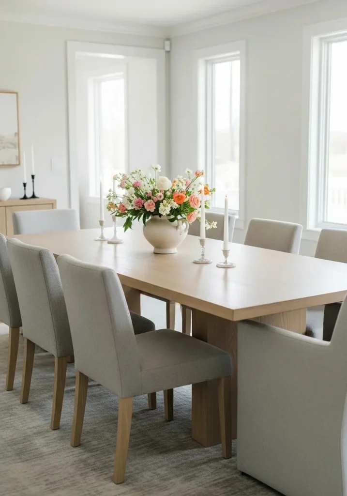 Dining table centerpiece with flowers and candles for elegant dining room decor